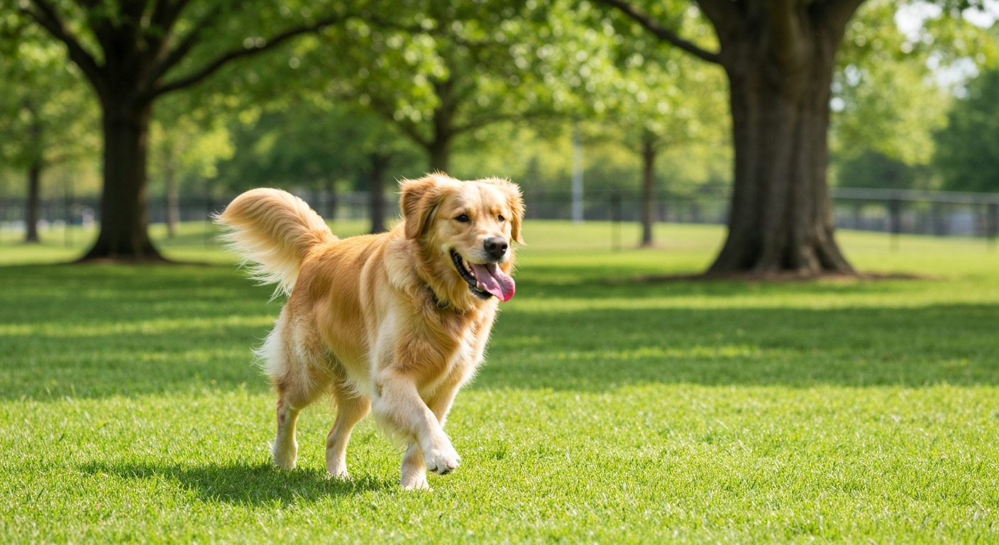 Happy golden retriever running freely in a lush green dog park on a sunny day