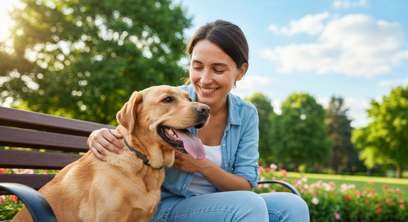 A smiling dog owner sitting on a park bench with their happy dog