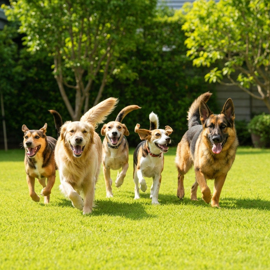 Happy dogs playing in a clean yard