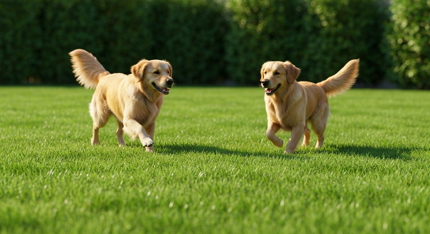 Happy dogs running in a clean backyard