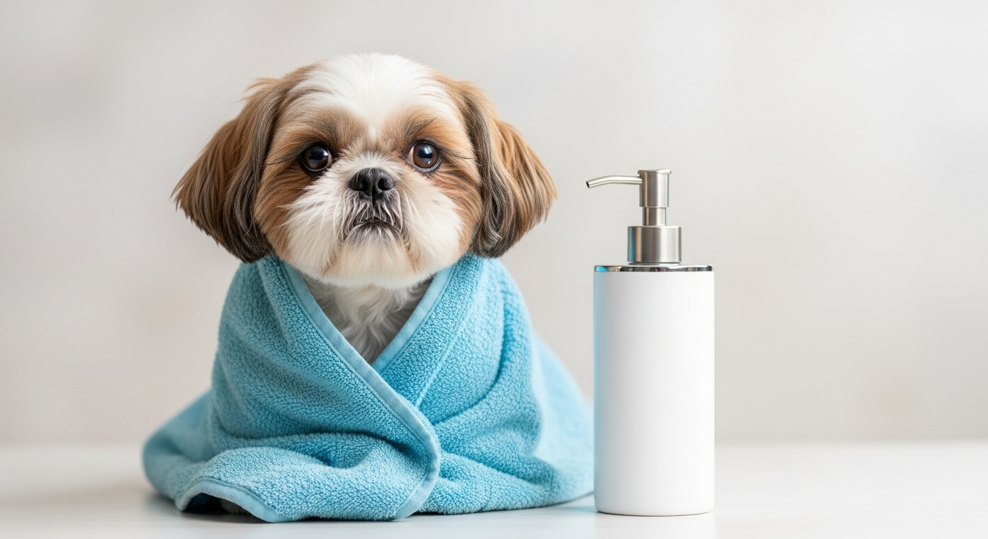 Cute dog wrapped in a light blue towel