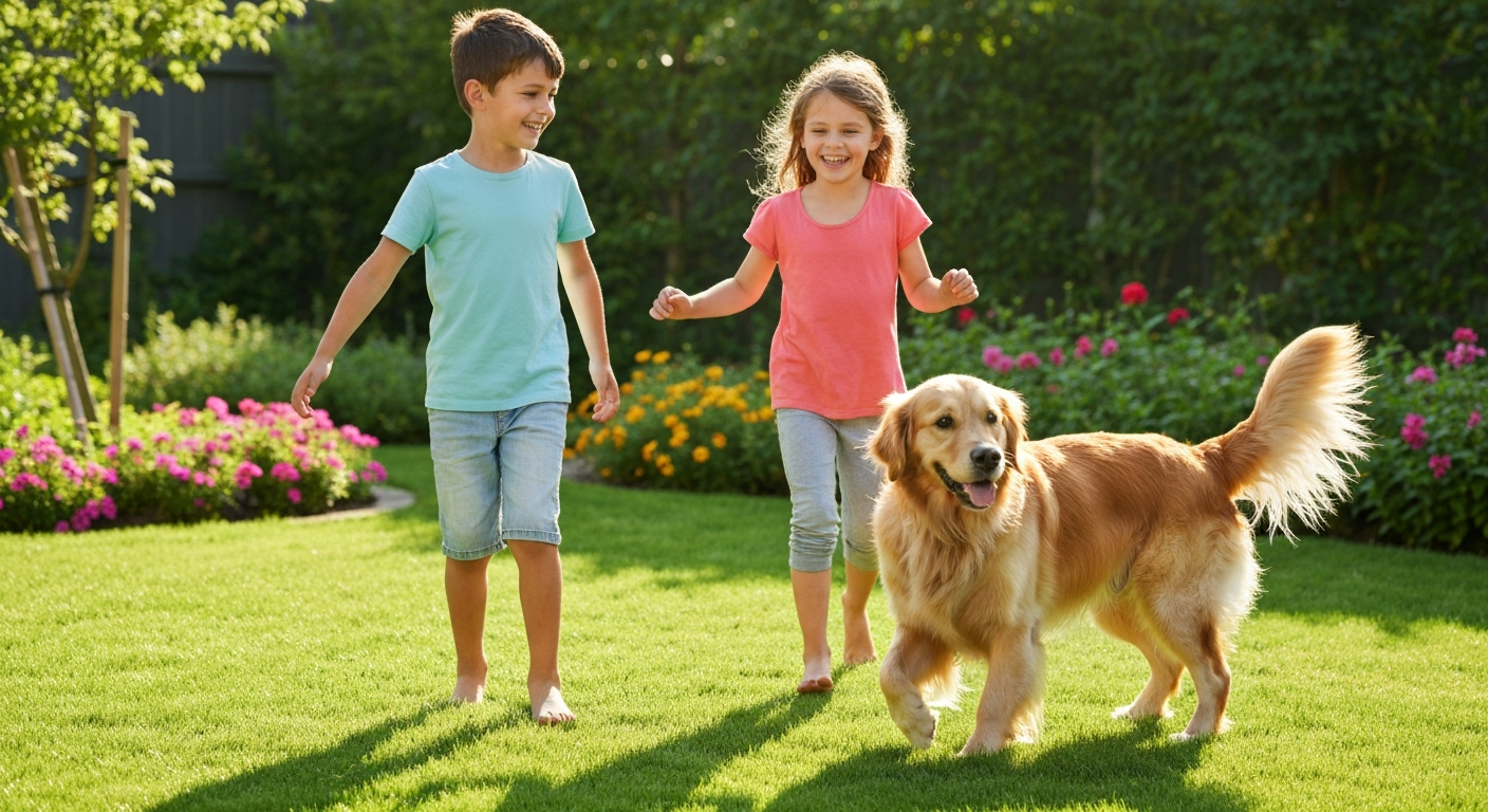 Children and dog playing safely on a clean, healthy backyard lawn