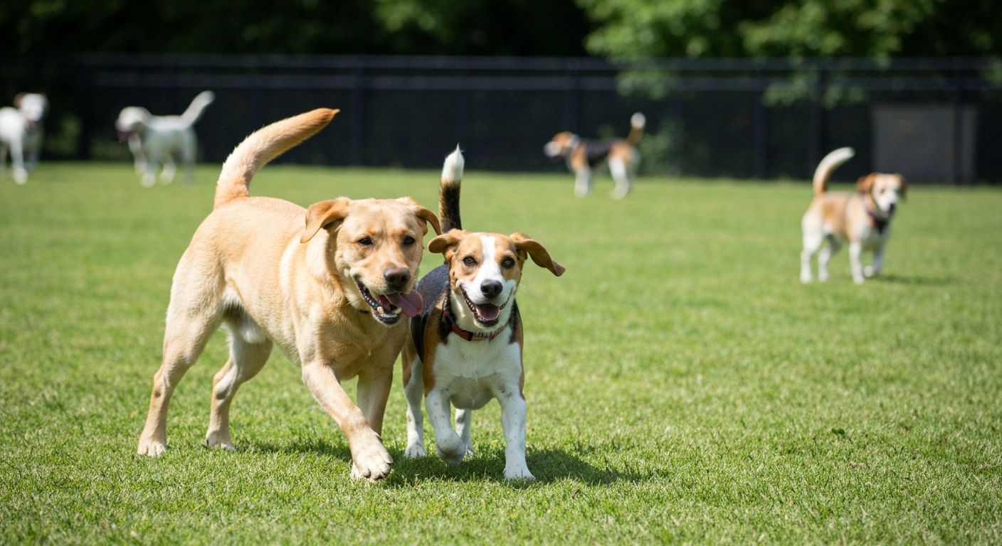 Two playful dogs running together in a fenced off-leash dog park