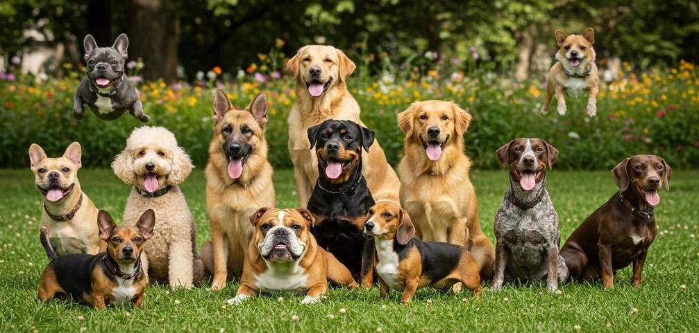 Large group of happy dogs on a green lawn