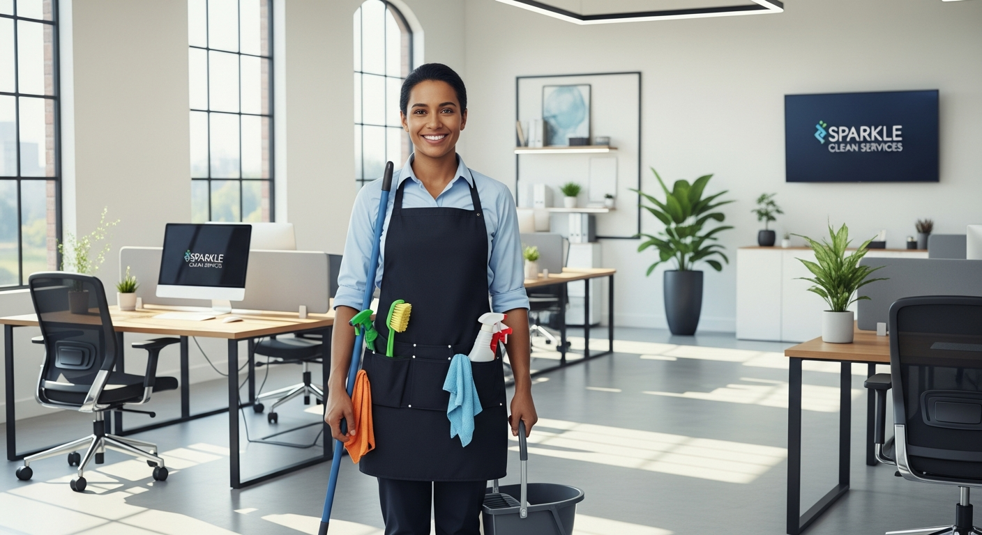 Professional commercial cleaner in a pristine office space