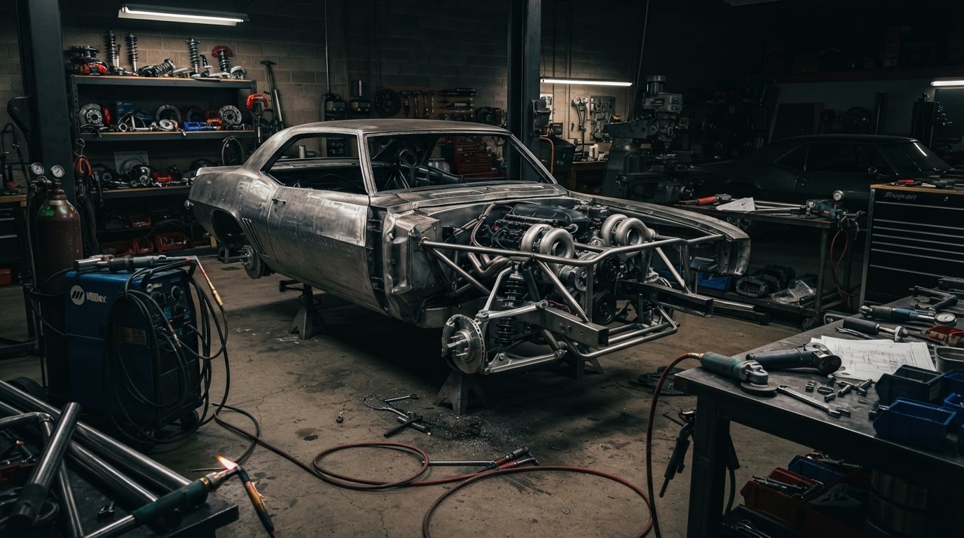 Customs by Lopez workshop with custom vehicle build in progress