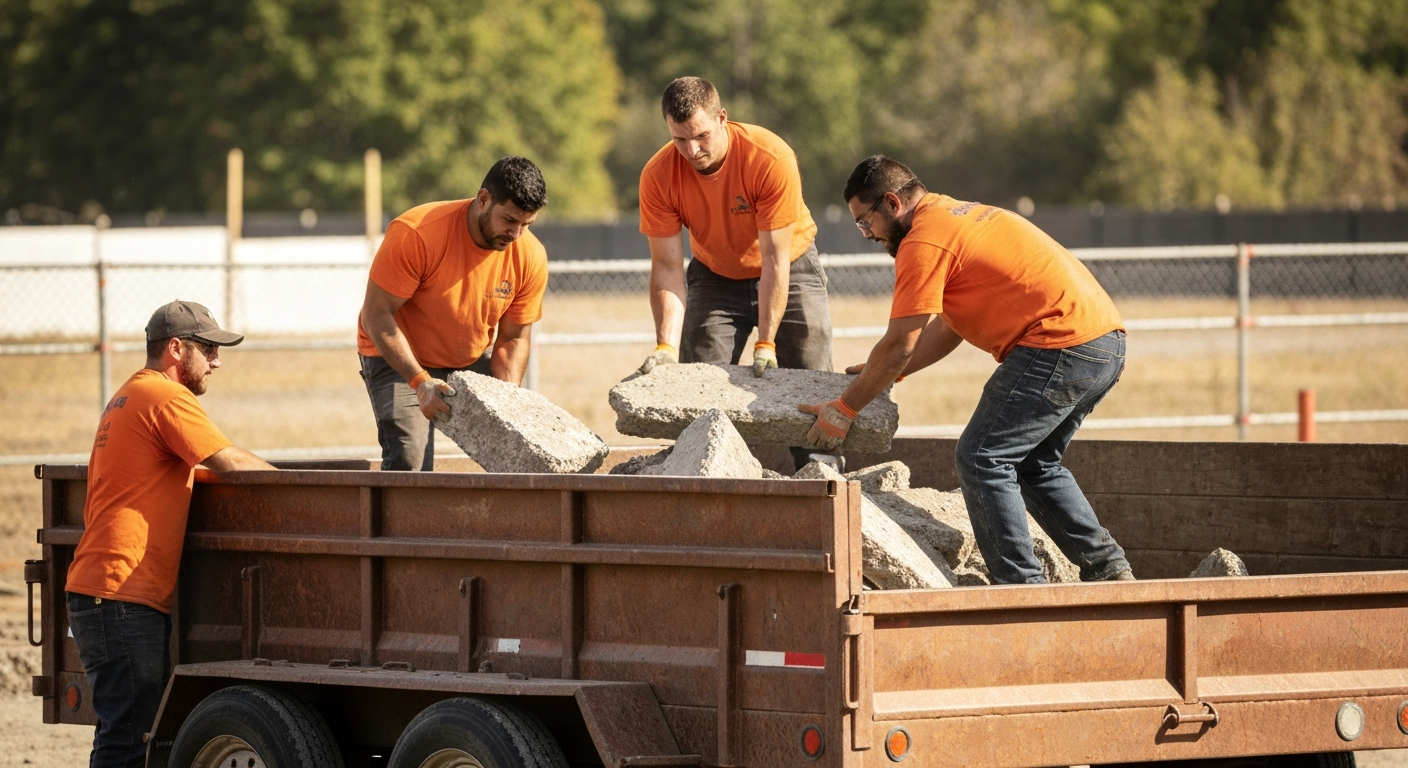 Desert Junk Removal crew removing concrete and block debris into a trailer.