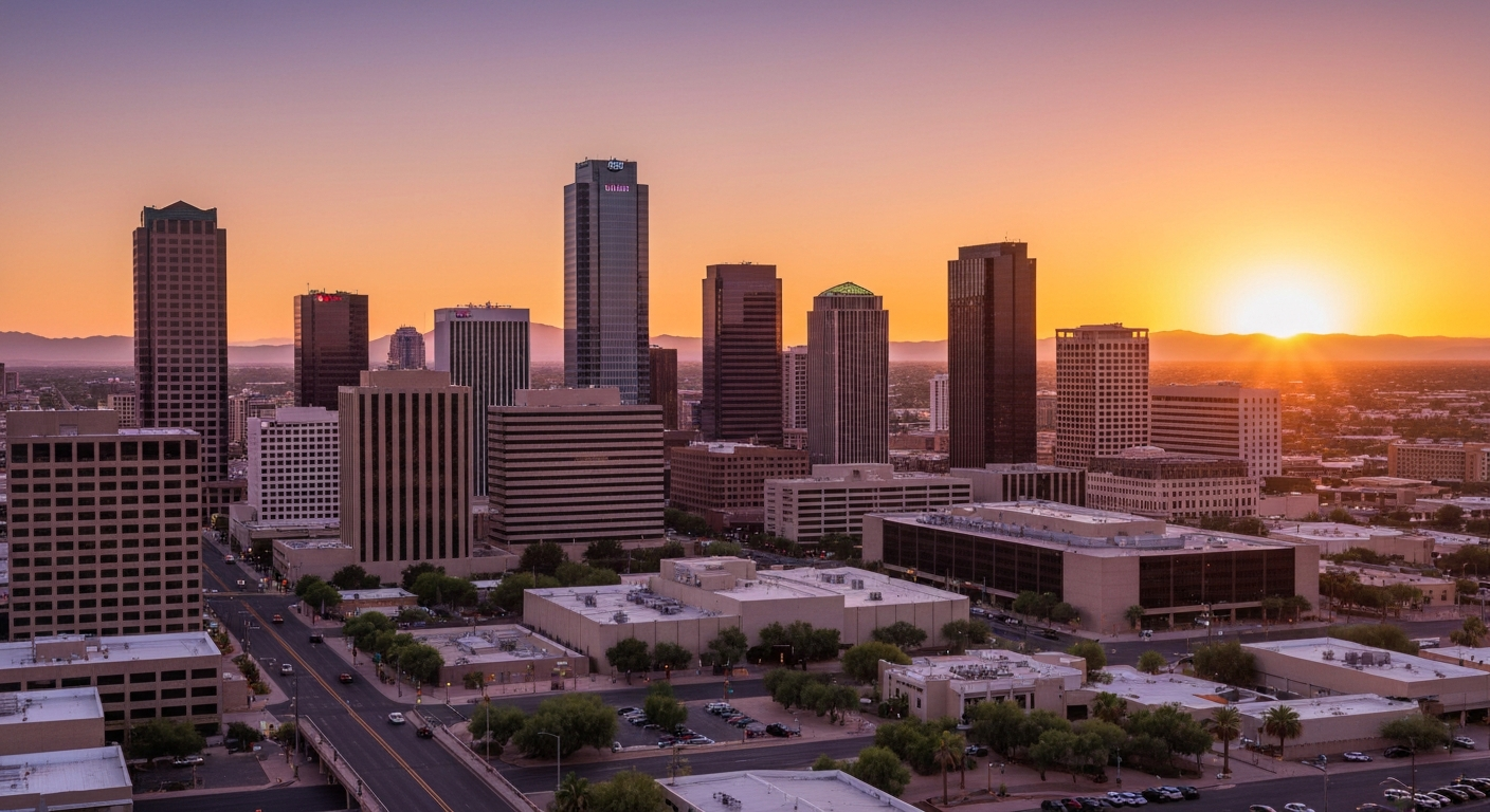 Phoenix skyline at sunset, serving the Phoenix Metro Area and local junk removal experts