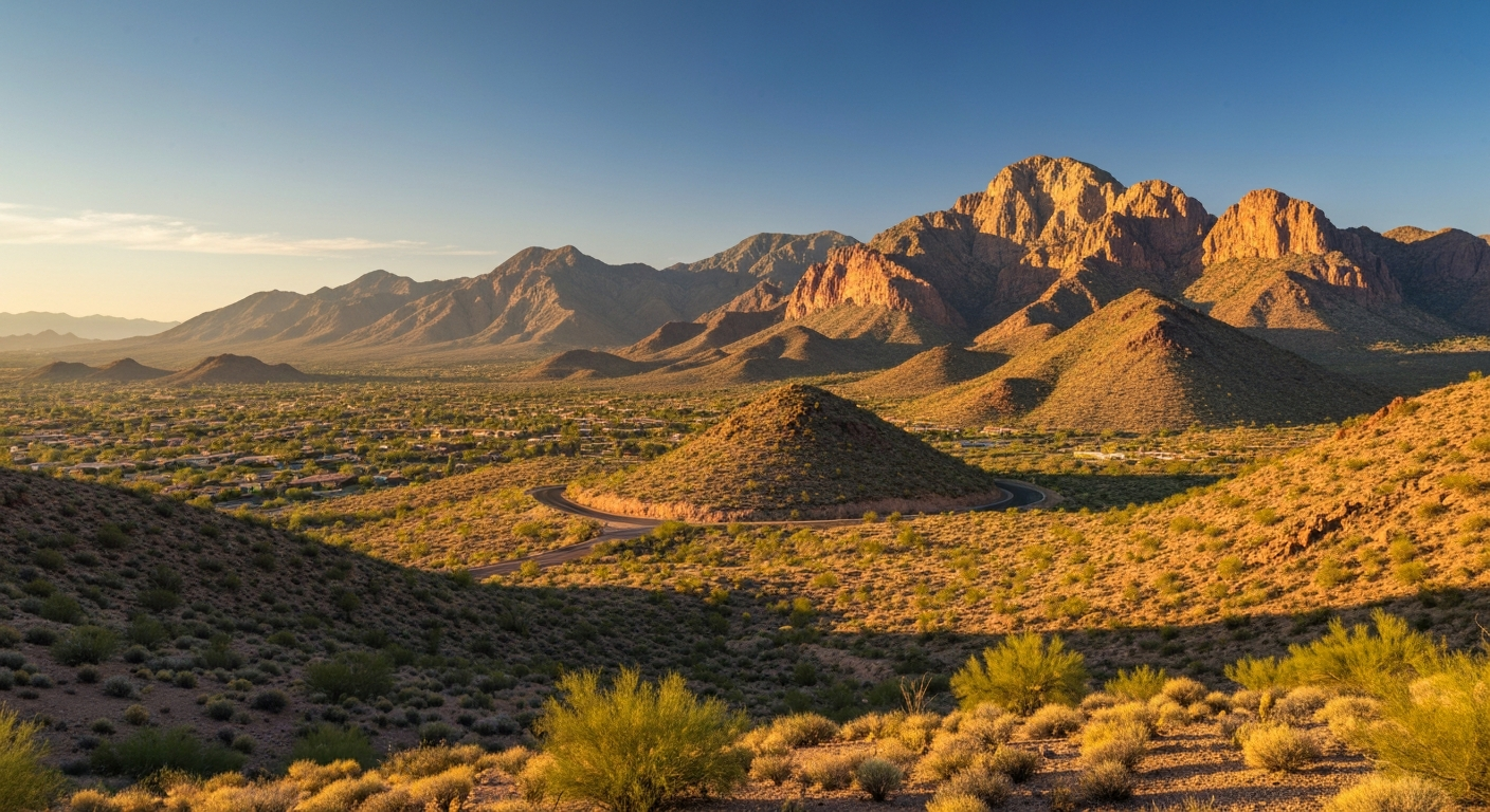 Desert landscape and Buckeye, Arizona, mountains and residential area