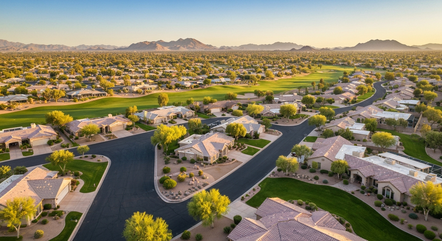 Aerial view of Sun City West, Arizona homes and community, junk removal services.