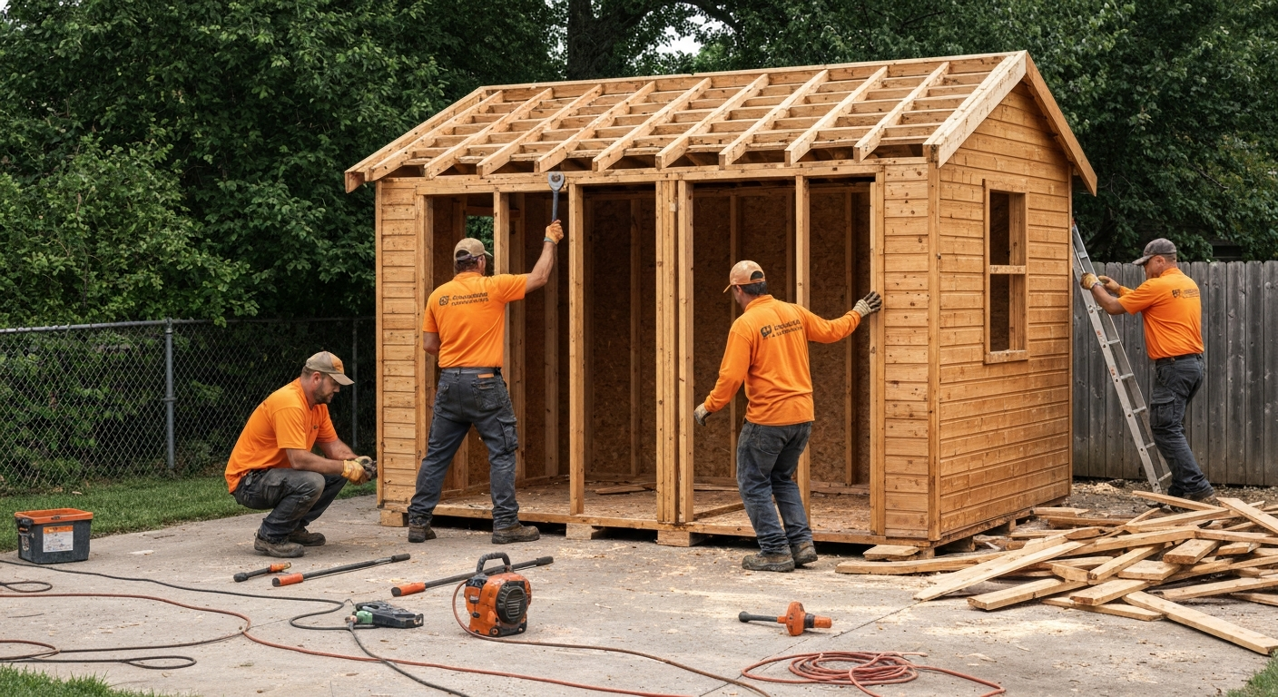Desert Junk Removal & Demolition team demolishing a wooden shed structure.