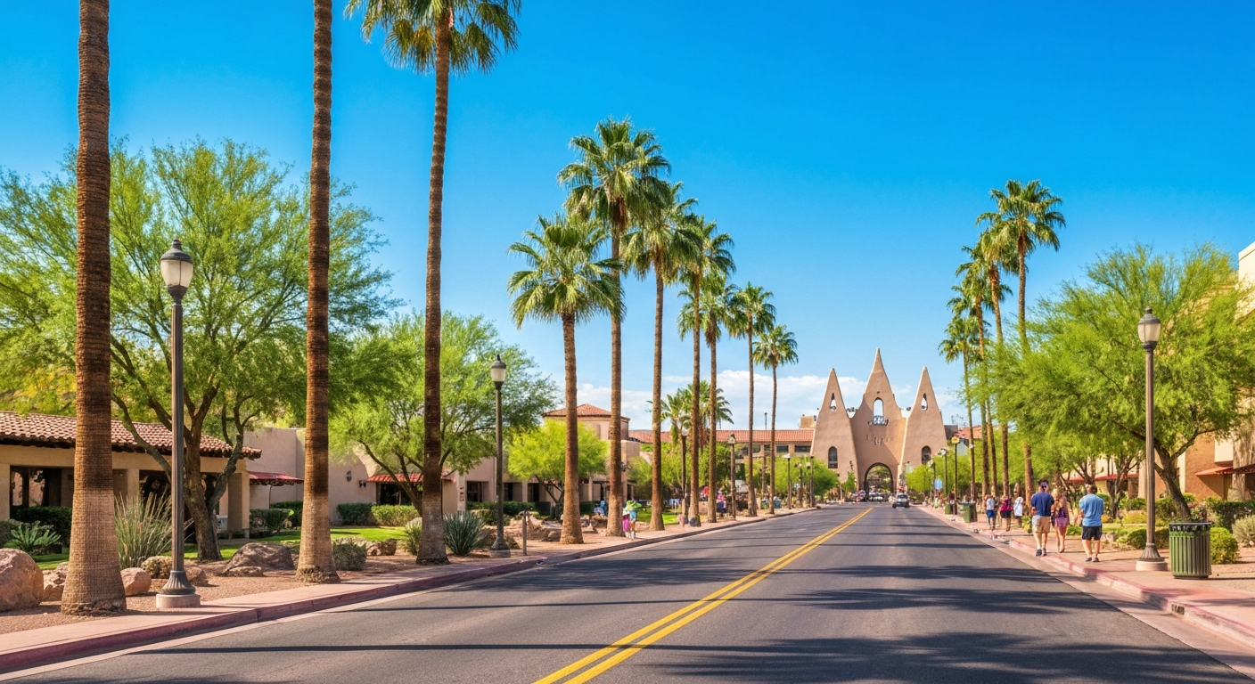 Litchfield Park, Arizona landscape with palm trees and residential buildings.