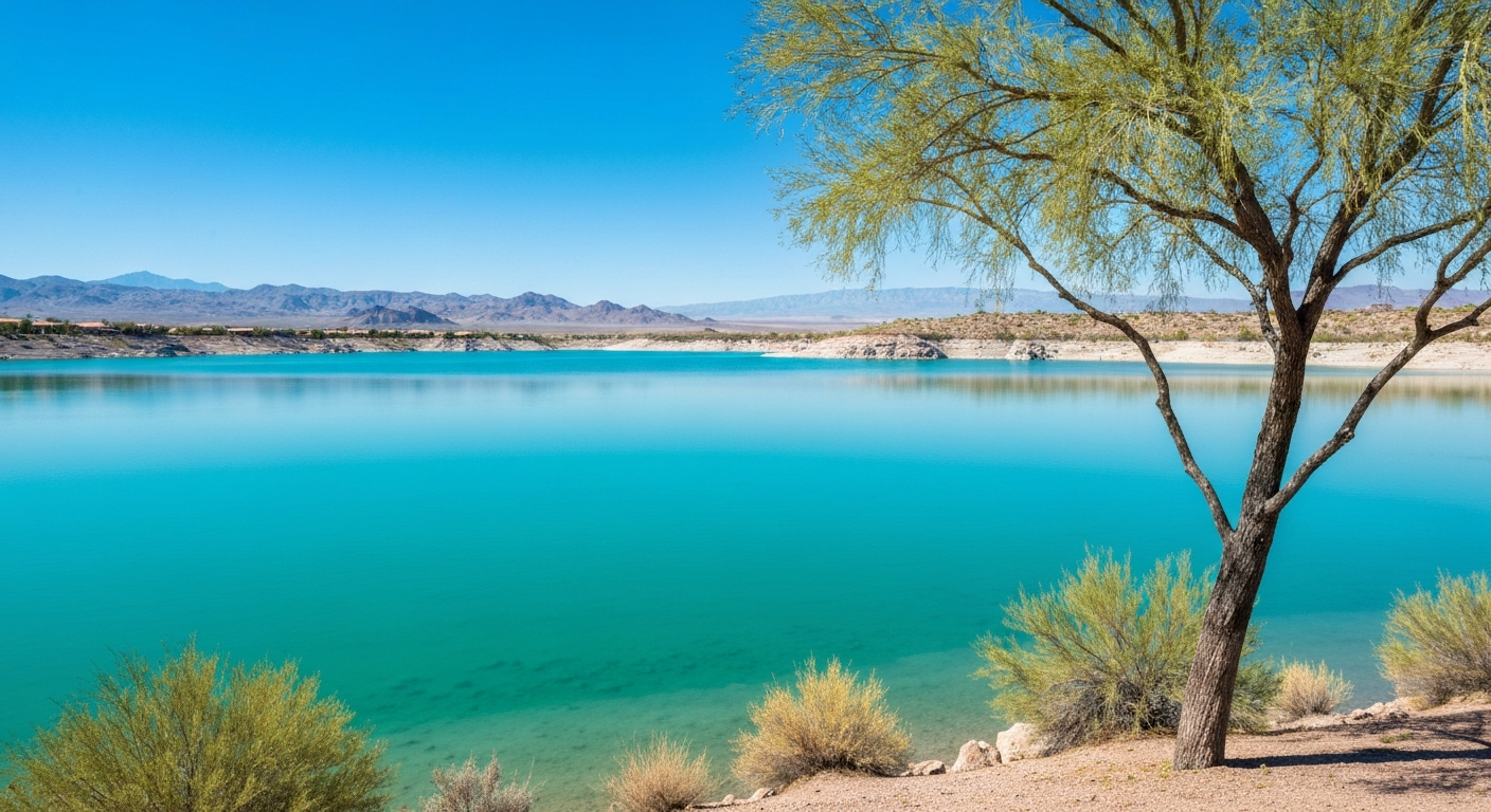 Desert landscape and turquoise water near Peoria, Arizona