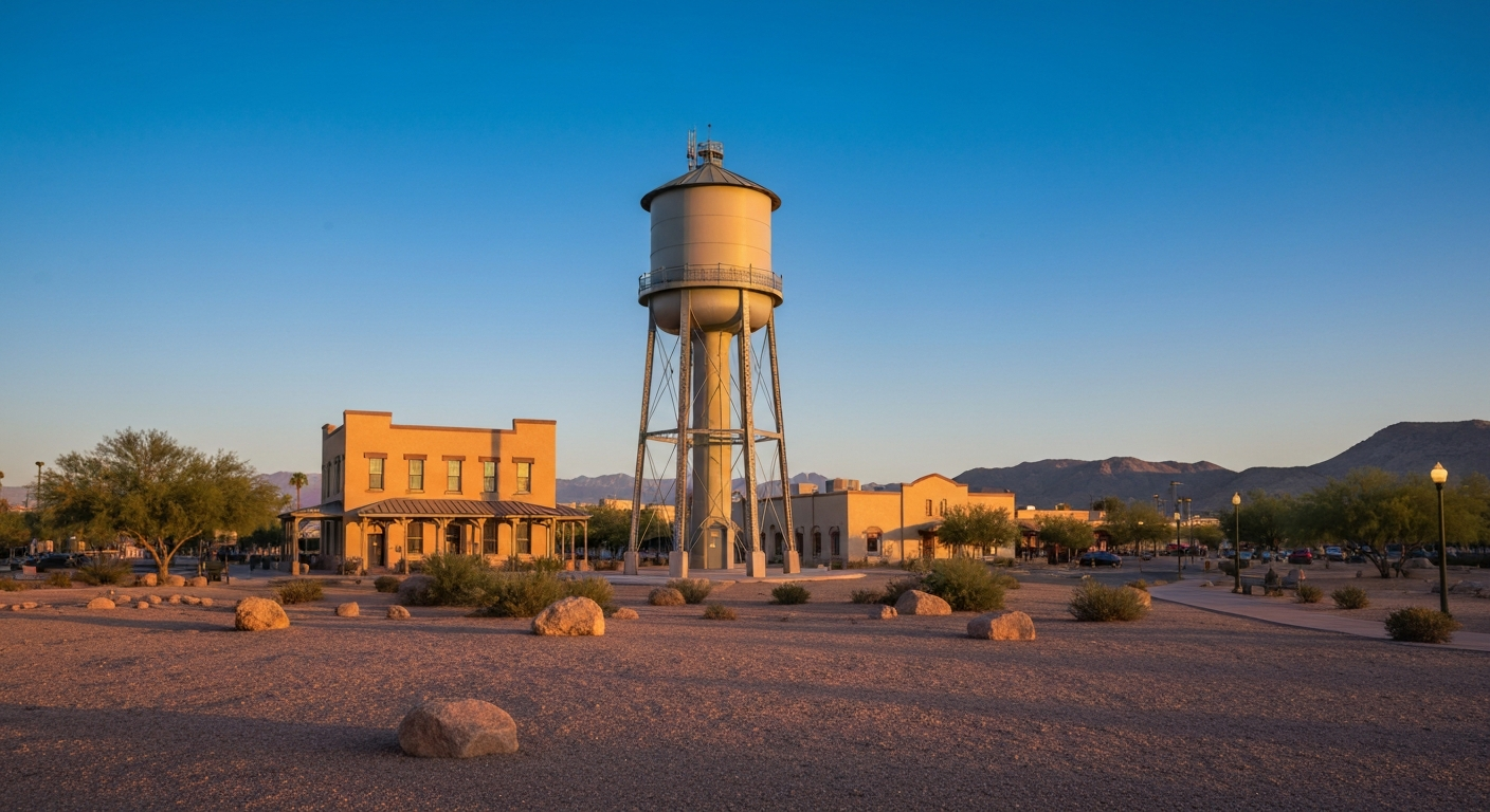 Gilbert, Arizona landmark water tower and local buildings representing Desert Junk Removal & Demolition service area.