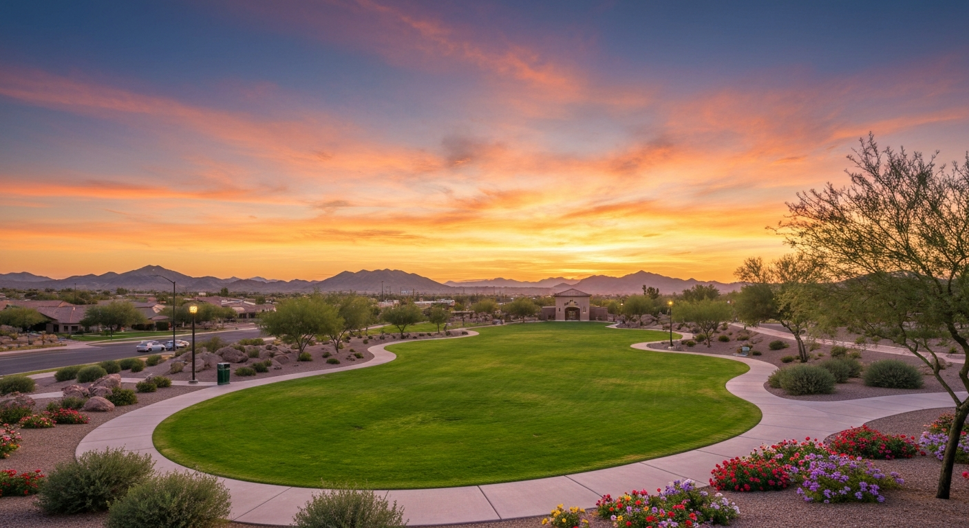 Surprise, AZ landscape with vibrant sunset and manicured park area