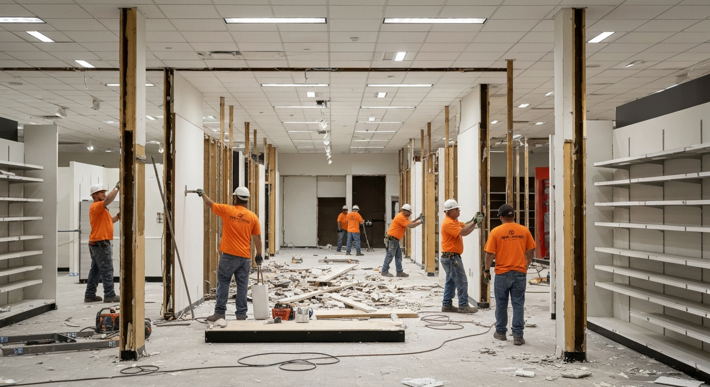 Office and retail demolition crew working in commercial space, removing walls and debris.