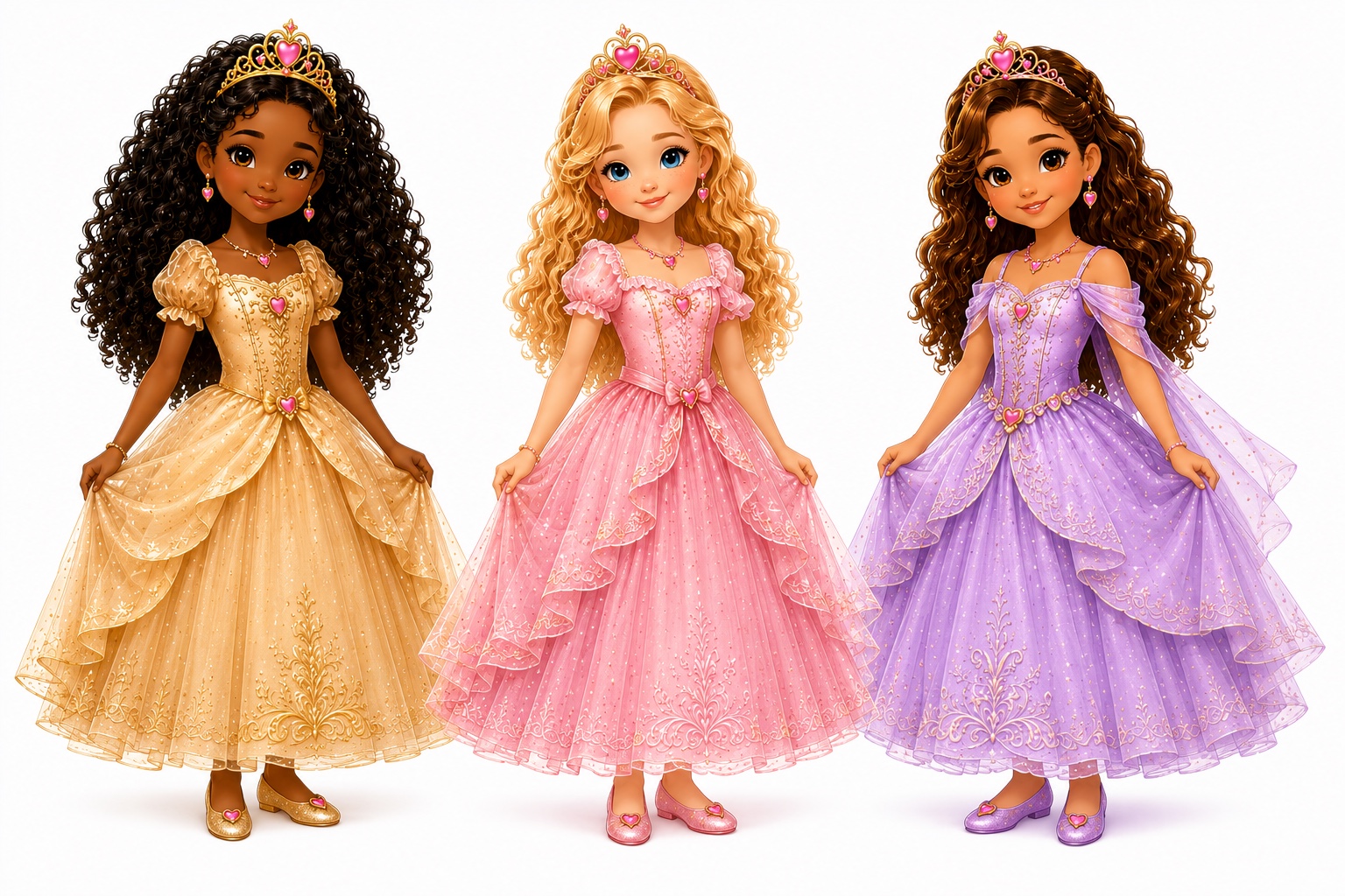 The three Pretty Princess mascots, illustrated characters welcoming girls to the Pretty Princess world