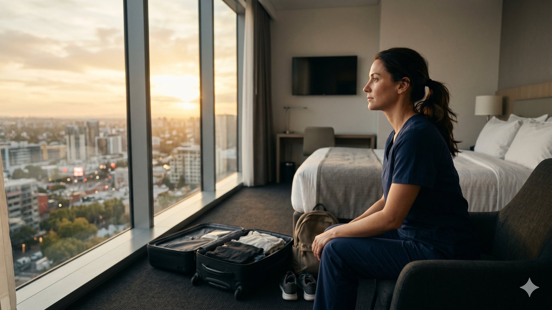 Travel nurse looking out window