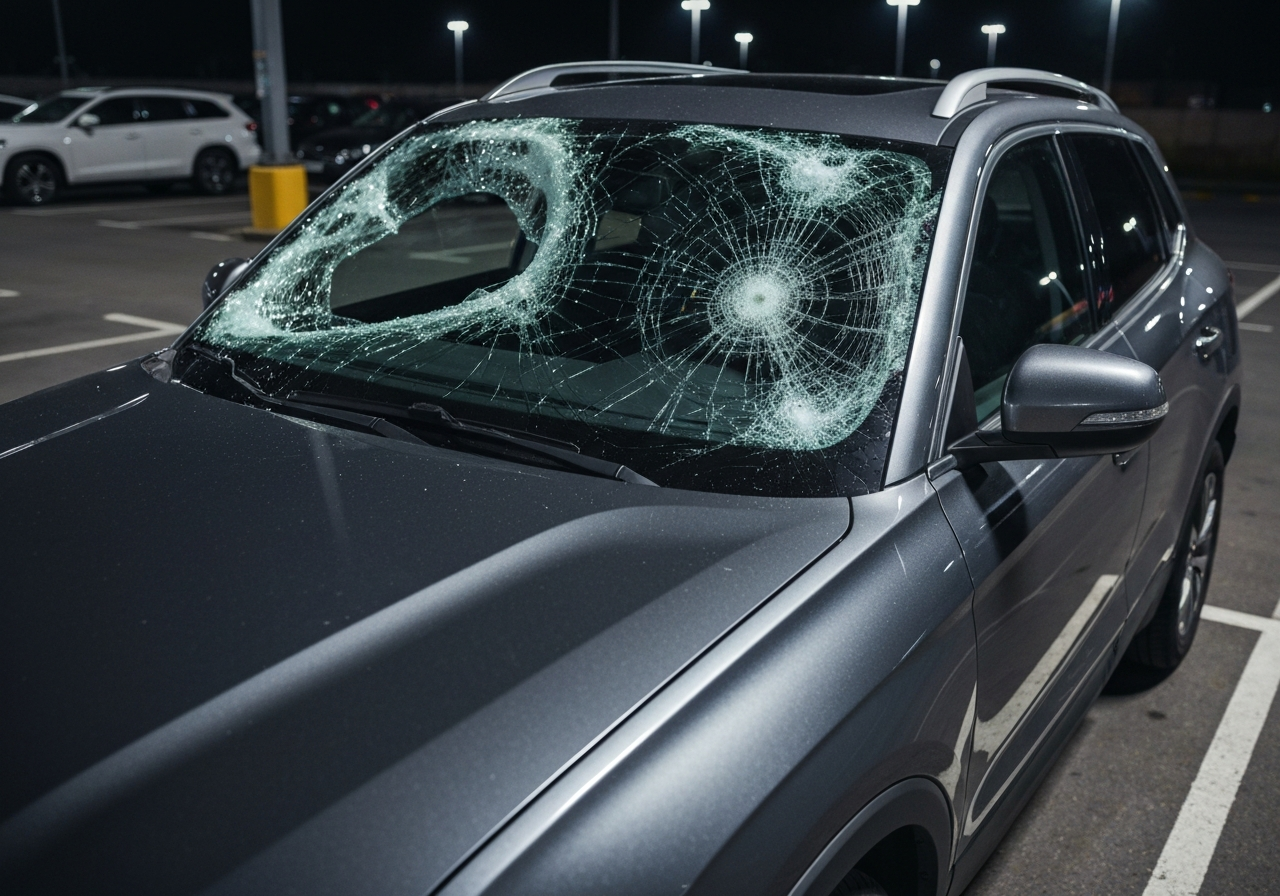 Shattered windshield before replacement