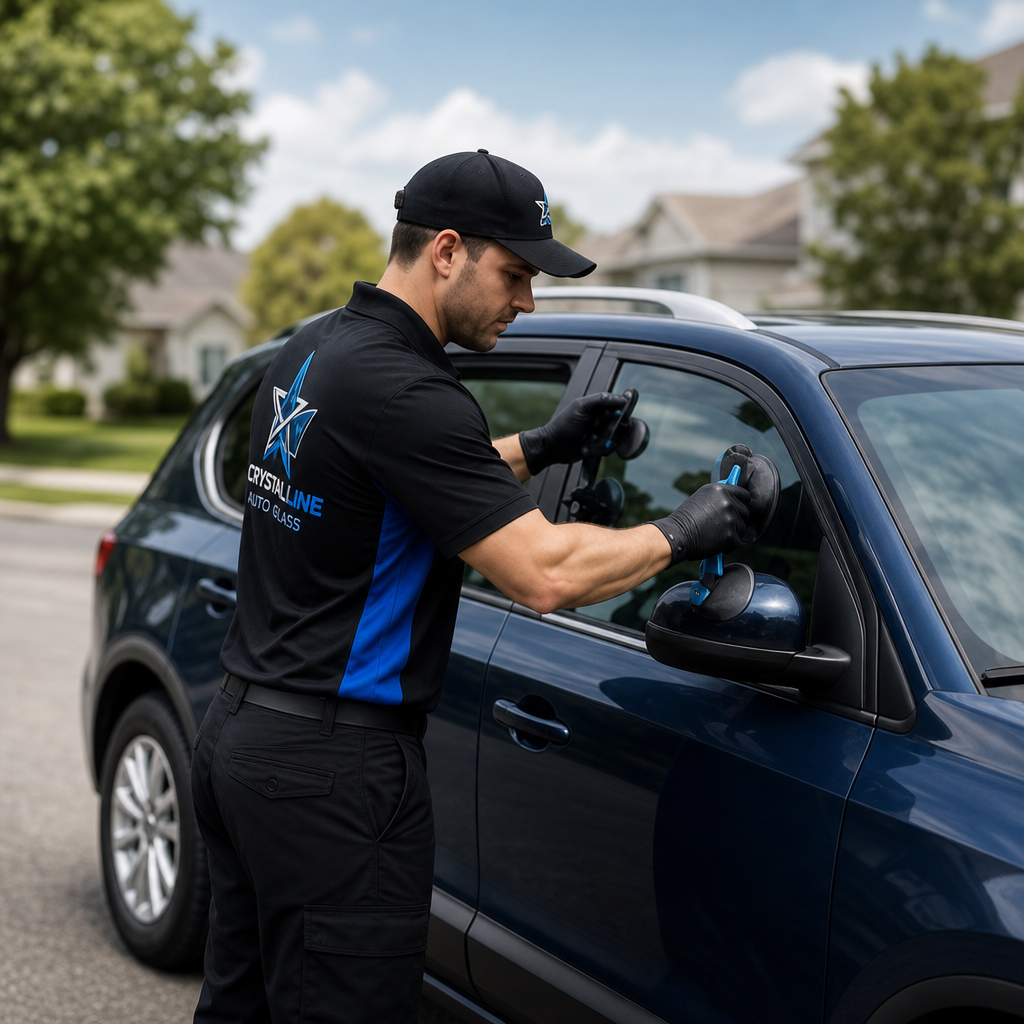 Technician working on windshield
