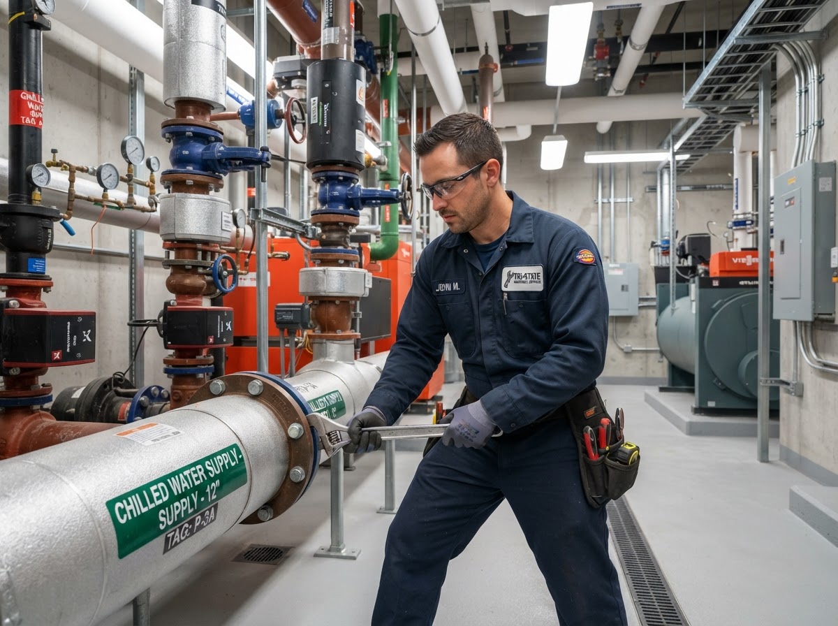 Professional plumbing install of commercial pipes and valves