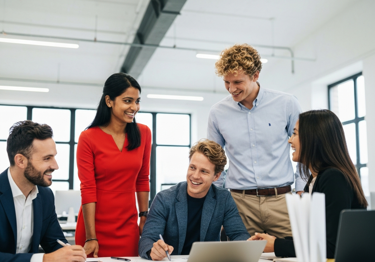 Diverse group of happy employees collaborating in a modern office