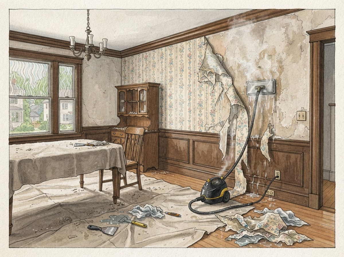 Illustrative rendering of wallpaper being steam-removed from plaster walls in a Nonantum dining room