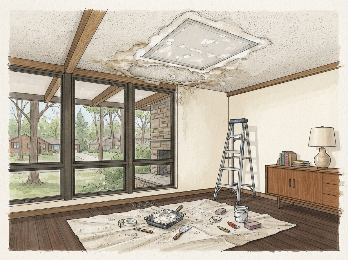 Illustrative rendering of drywall and plaster ceiling repair in a mid-century Oak Hill home