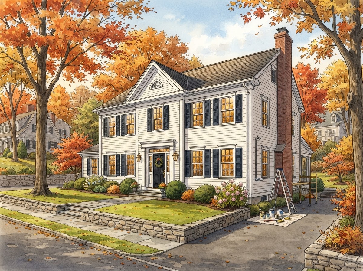 Illustrative rendering of a Colonial-style home on West Newton Hill with fresh interior and exterior paint