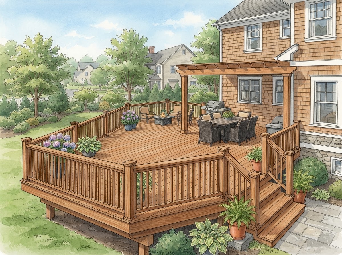 Illustrative rendering of a cedar deck in Auburndale with fresh semi-transparent penetrating stain