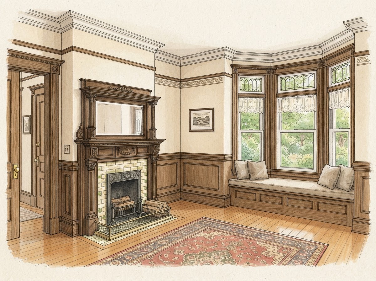 Illustrative rendering of a Victorian interior in Newton Highlands with freshly painted plaster walls and detailed trim
