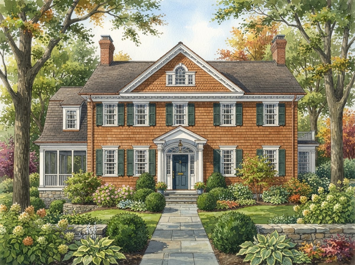Illustrative rendering of a cedar shingle Colonial exterior in Chestnut Hill with fresh penetrating stain