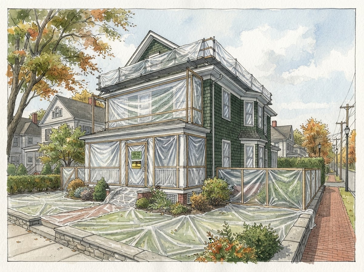 Illustrative rendering of a two-family home in Newton Corner with lead-safe containment setup