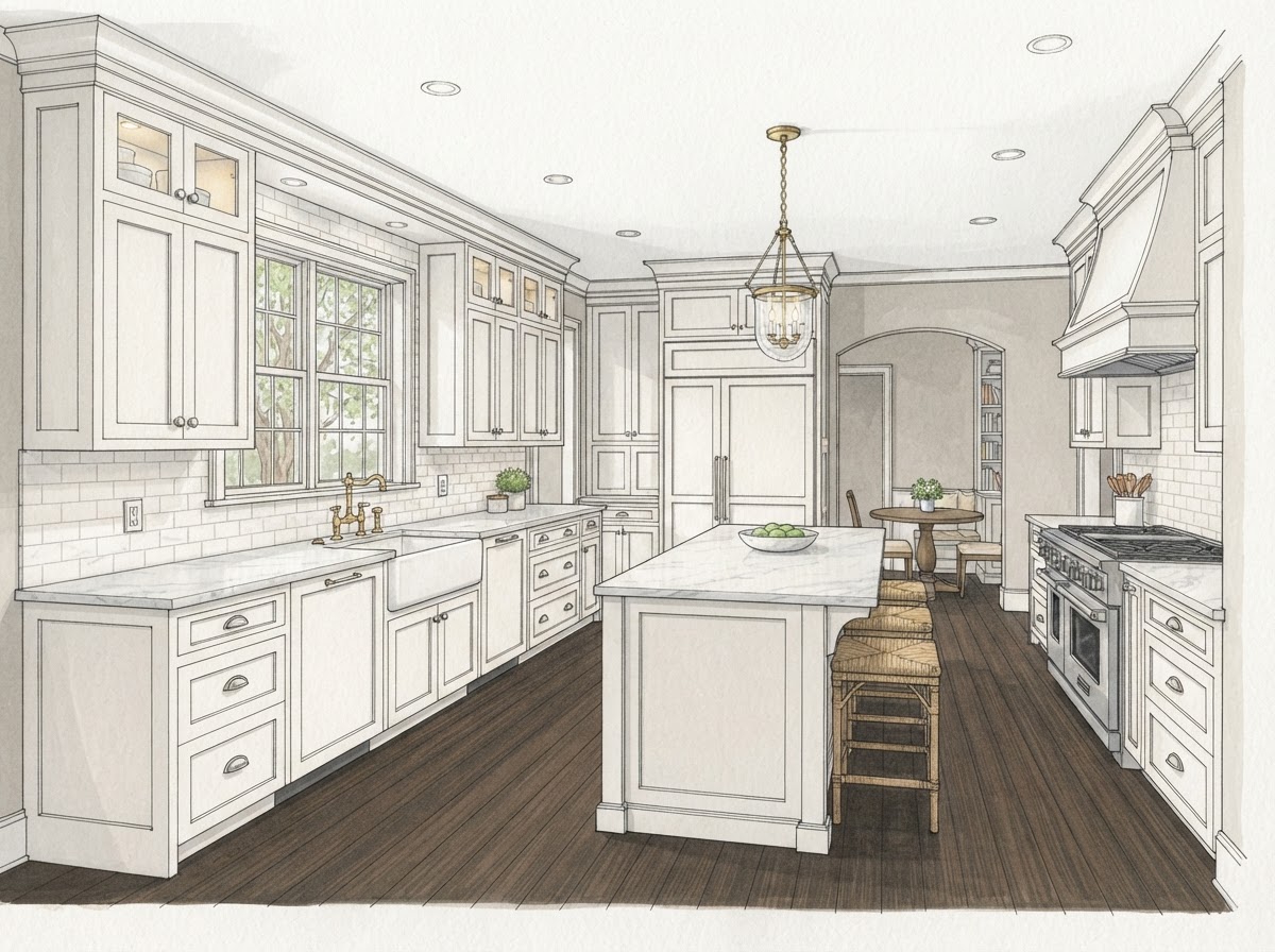 Illustrative rendering of a Newton Centre kitchen with freshly painted maple cabinets in soft white