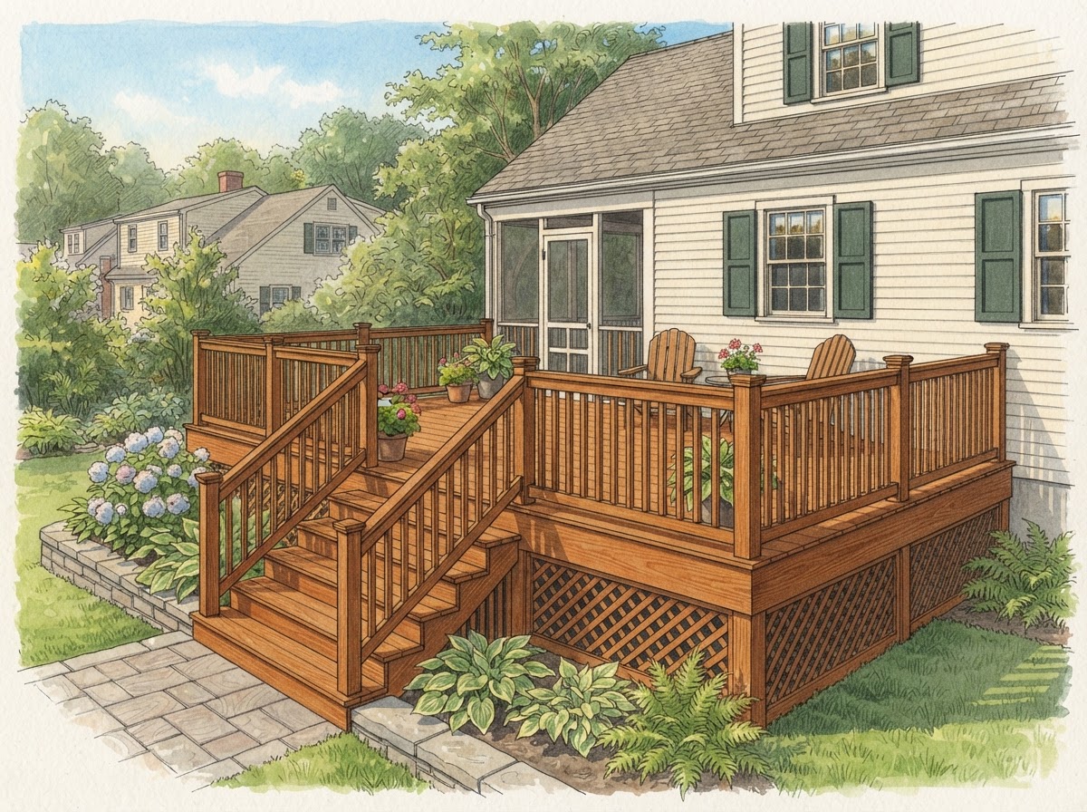 Illustrative rendering of a pressure-treated deck in Waban with fresh penetrating stain