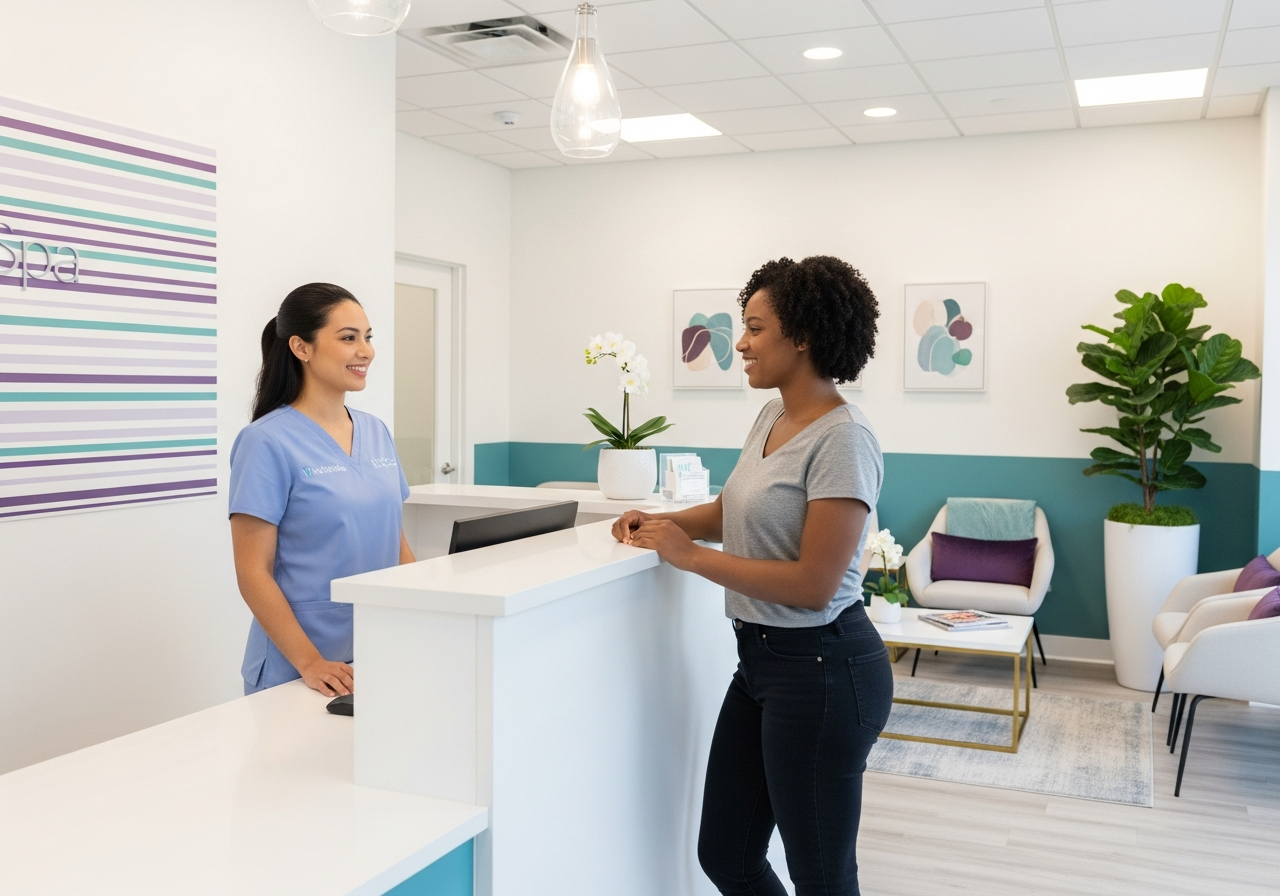 Diverse MedSpa team welcoming a client at a modern wellness clinic