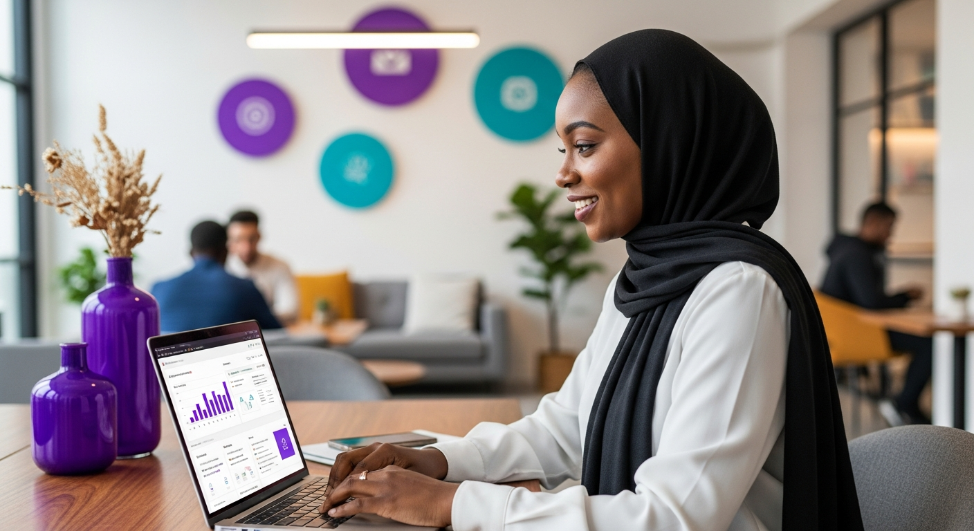 Black Muslim woman in hijab working on digital marketing strategy — Lumenaria Systems founder