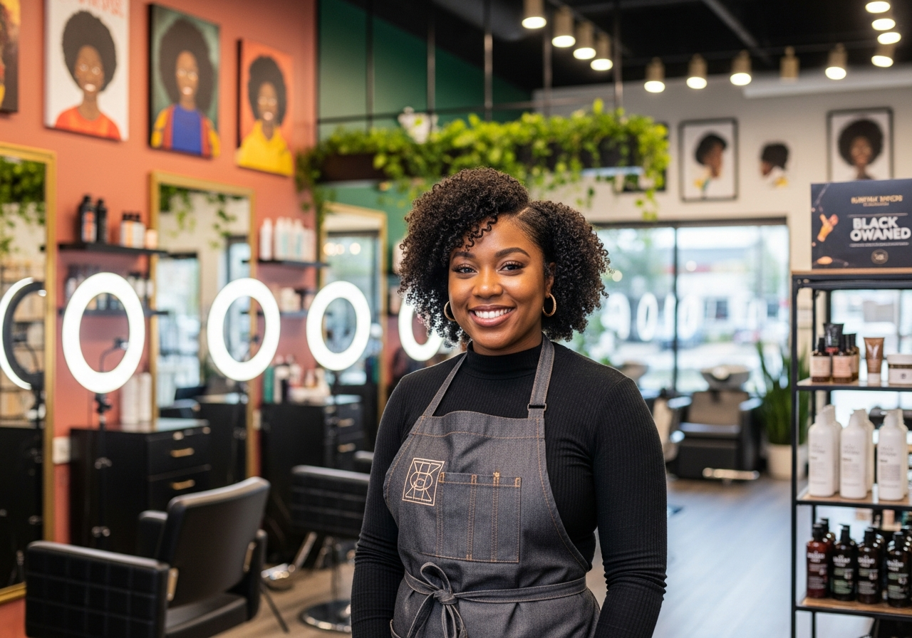 Black female salon owner standing confidently in her modern salon