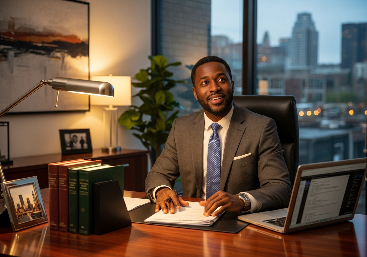 Black attorney reviewing documents in a professional law office