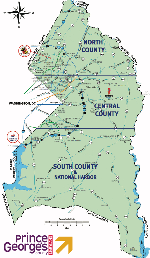 Map of Prince George's County, Maryland — North, Central, and South regions