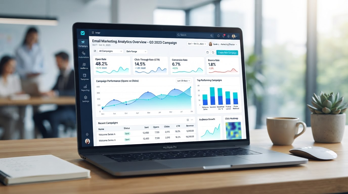 Dashboard de campanhas de e-mail marketing com métricas de desempenho
