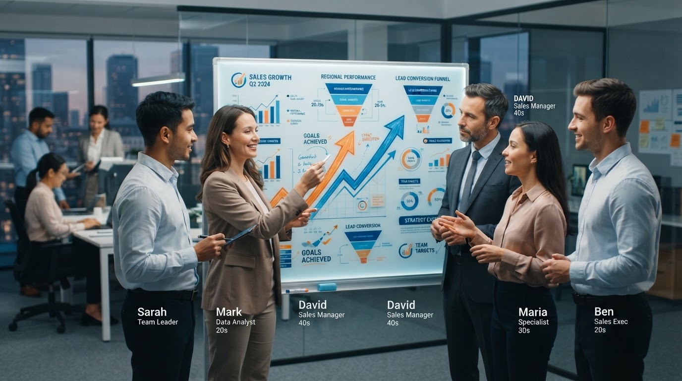 Equipe comercial de alta performance trabalhando com gráficos de crescimento