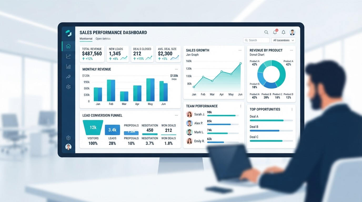 Dashboard de KPIs de vendas com funil, conversão e receita