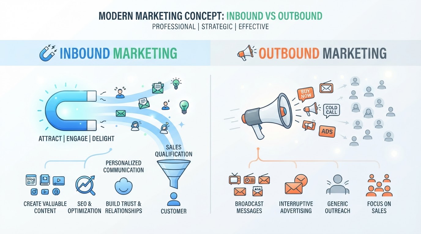 Comparativo entre inbound marketing e outbound marketing com ímãs atraindo leads