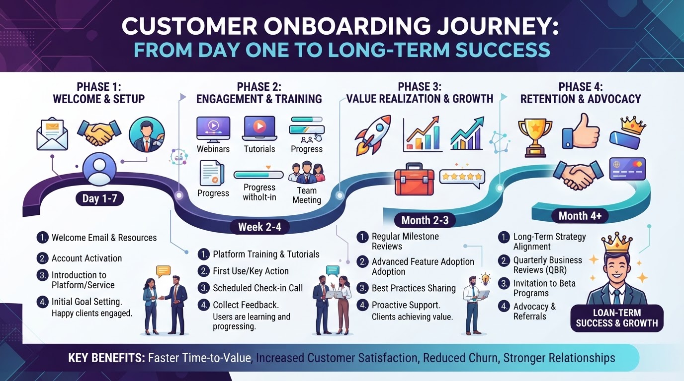Jornada de onboarding de clientes com marcos do primeiro dia à retenção de longo prazo