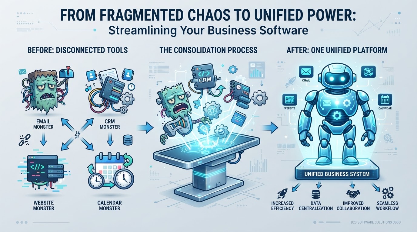 Infográfico comparativo mostrando múltiplas ferramentas isoladas versus plataforma unificada