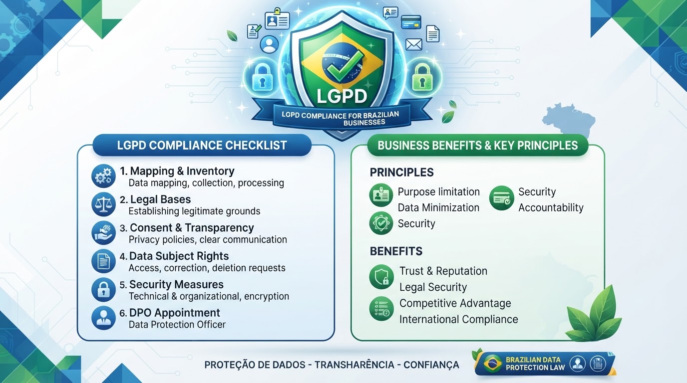 Infográfico sobre conformidade com a LGPD mostrando escudo de proteção de dados e checklist de adequação