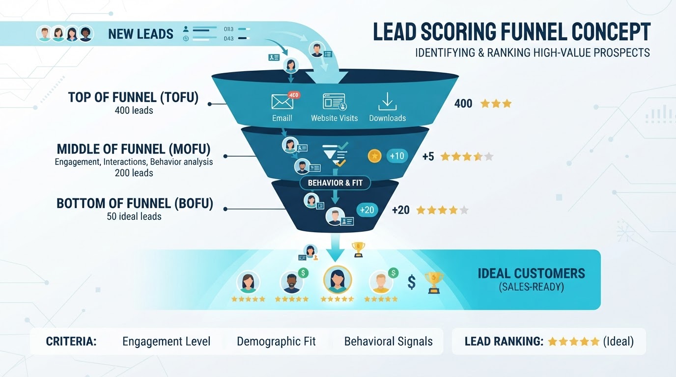 Funil de lead scoring classificando leads por pontuação e prioridade de atendimento