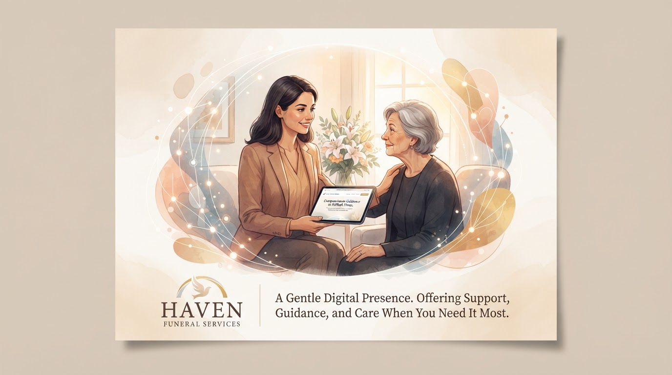 Ilustração respeitosa de marketing digital para funerárias com acolhimento e atendimento compassivo