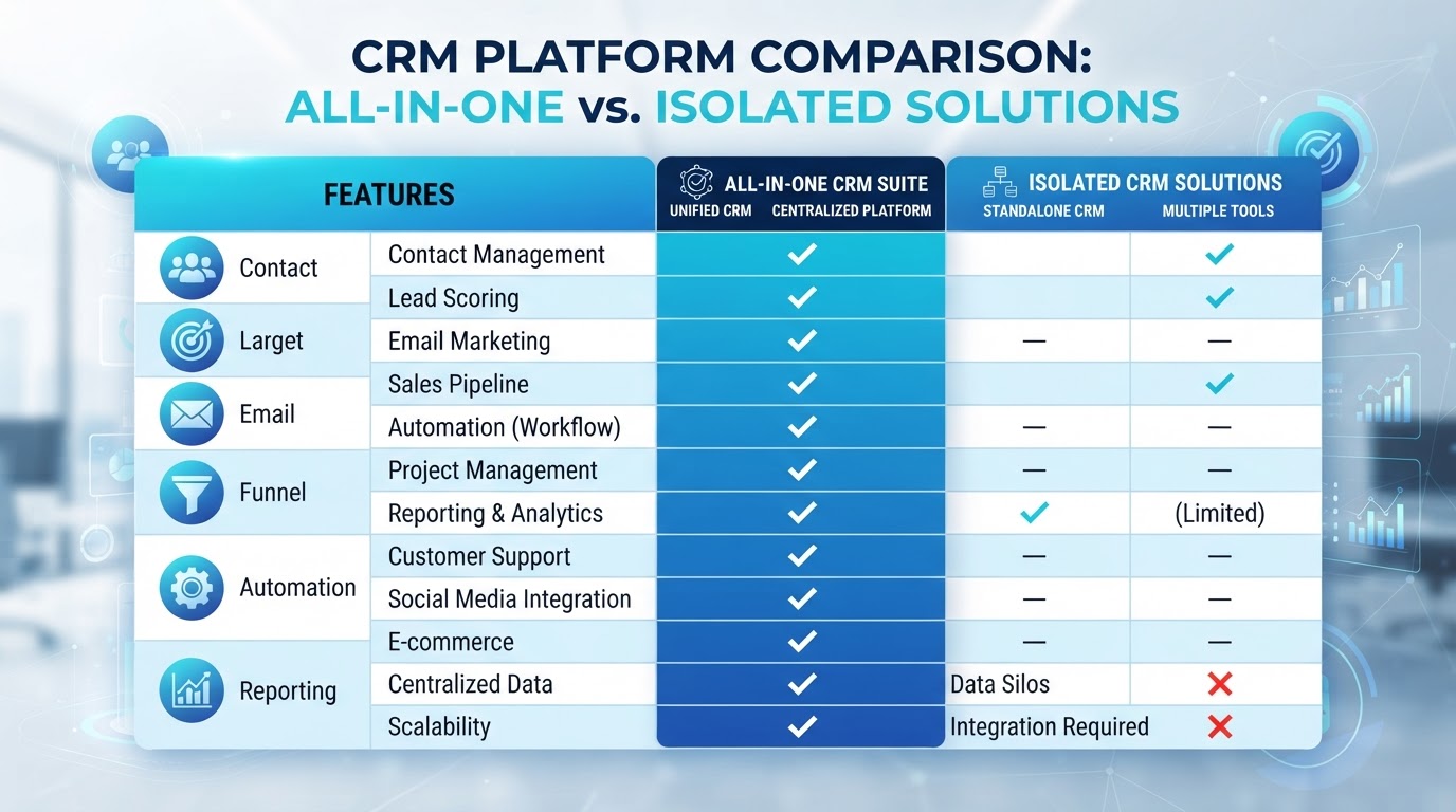 Comparativo visual entre plataformas de CRM All-in-One versus ferramentas isoladas